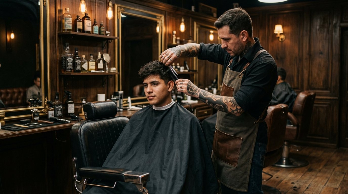 Barbero cortando el pelo a un cliente en Barbería El Patrón