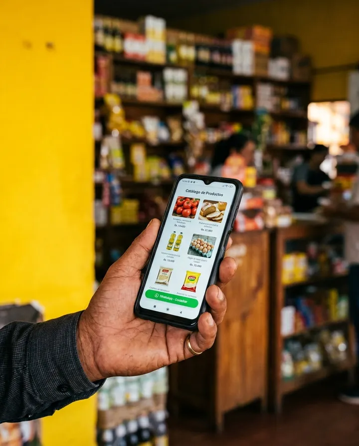 Mano sosteniendo un celular con un catálogo online, en un almacén de barrio
